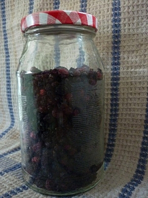 Jar of dehydrated black currants.