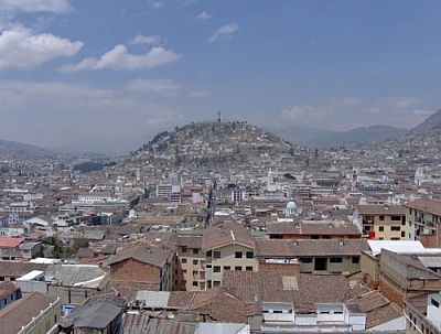 View of El Panecillo, Quito, from the Basilica del Voto Nacional.