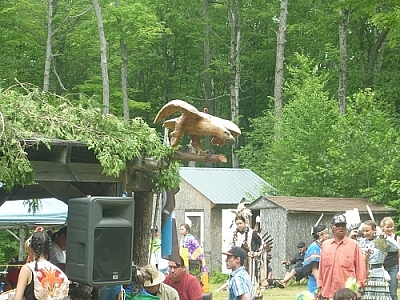 French River area outdoor summer events include the Dokis First Nation Powwow, where this wood-carved eagle was seen.