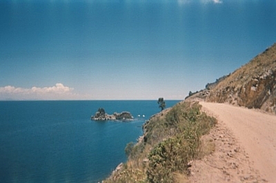 Fishing nets on Lake Titicaca, close by a lakeside roadway.