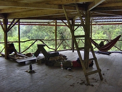 Volunteers napping in Merazonia's unfinished volunteer house, lying on the floor or in hammocks.