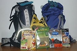 Our new backcountry gear: two backpacks, dehydrated meals, organizer bags, microfiber towels, mosquito net, camp-sized salt and pepper shakers...