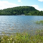 A water-level view of one of the Brush Lakes, green grass growing from the water in the foreground, a cliff rising in the background.