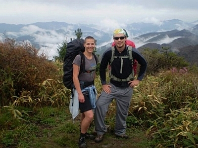 Standing before lovely scenery on the second day of our Jirisan trek.