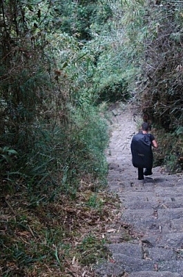 Hiking down a set of stairs on the Inca Trail to Machu Picchu.