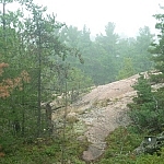 View of the East Lighthouse Trail heading up a rocky slope and into the forest.