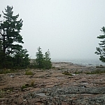 A pink granite shoreline stands out against the grey skies and waters of the Georgian Bay, pines breaking the horizon.
