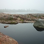 Inky black Georgian Bay waters kiss a pink granite shoreline, mist hovering above.