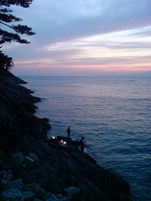 Observed people fishing at sunset one evening while exploring Yokji Island