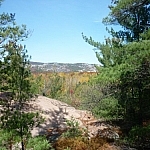 A typical view from Granite Ridge of a large forested area with hills rising in the distance.