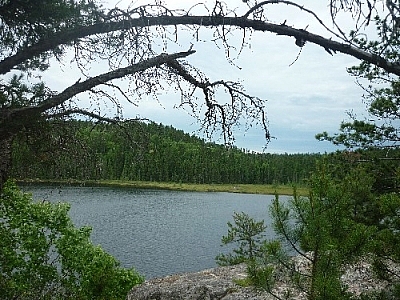 Lake scenery while day hiking Hawk Ridge Trail at Halfway Lake Provincial Park.