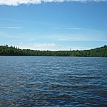 A water-level view of Helenbar Lake and the surrounding scenery, taken from a canoe.