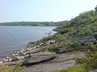 View of the rocky shoreline along Georgian Bay.