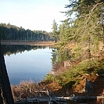 A tree-framed view of a small bay at the end of Lake of the Woods