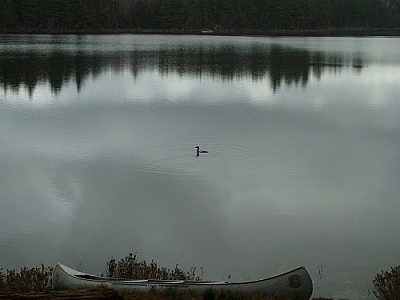 Calm morning waters of Boundary Lake while canoe camping in Killarney.