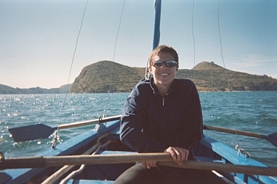 Getting to Isla del Sol by rowboat on Lake Titicaca.