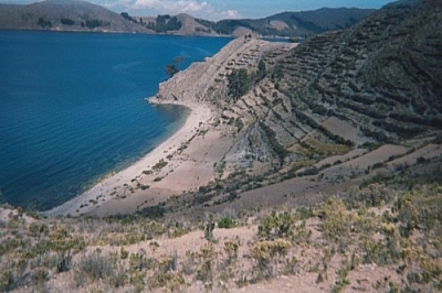 Lovely views of the Isla del Sol coastline on Lake Titicaca, Bolivia.