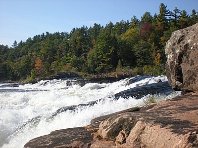 Close-up view of fast-flowing Récollet Falls, French River, by Matt Vrijburg.