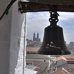 View of the Basilica del Voto Nacional from the bell tower at Monestario de Santa Catalina, Quito.