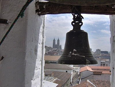 View of the Basilica del Voto Nacional from the bell tower at Monestario de Santa Catalina, Quito.