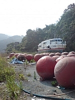 Near my camping area while exploring Yokji Island, an old unused boat sits on land surrounded by big red buoys used to mark submerged fishing nets.