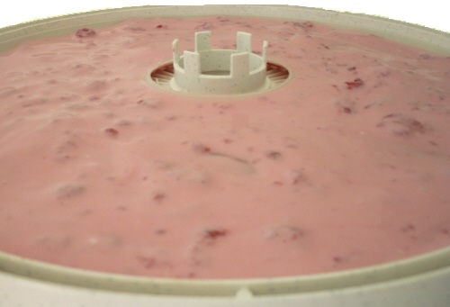 Raspberry yogurt spread out on a dehydrator sauce sheet.