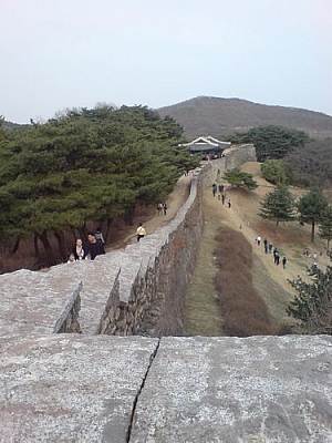 Walking along the fortress wall at Sangdang Sanseong.