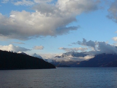 Mountain and ocean scenery seen on the ferry crossing to Saltery Bay, British Columbia.