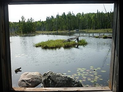 View from a cabin that stands next to a beaver pond along the White Bear Forest Trails in Temagami.