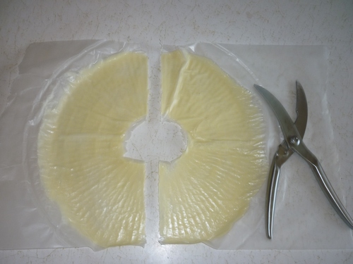 Yogurt dehydrated on waxed paper, cut in half with kitchen shears.