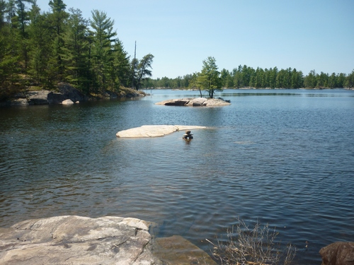 An inukshuk stands in the water at Alligator Portage, which crosses Papase Trail on the way to Five Finger Rapids.