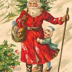 Traditional holiday greeting card for celebrating the holidays, featuring St. Nicholas on skis.