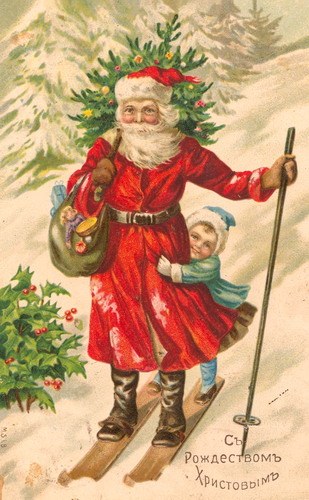 Traditional holiday greeting card for celebrating the holidays, featuring St. Nicholas on skis.